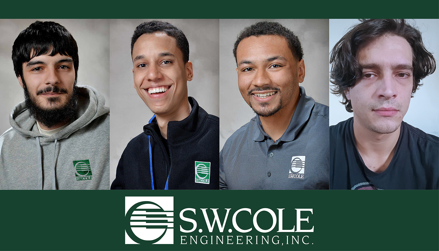 Photos of Nick Cinquini, Edwardo Baldera Mendez, Nigel Okereke and Sam Dunton framed with dark green rectangles on top and bottom. The S.W. Cole Engineering logo, in white, is centered on the bottom green rectangle.